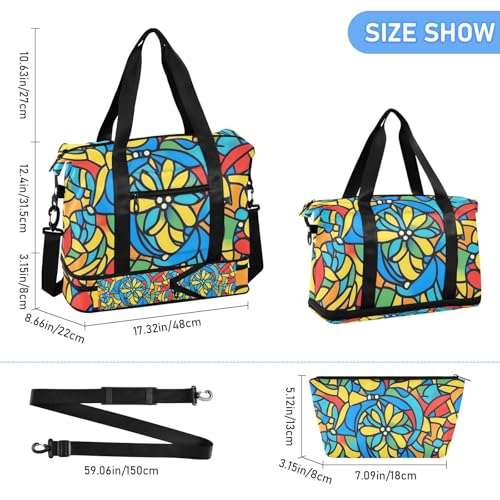 Mandala Stained Glass Blue Travel Bag Weekender Travel Overnight Bag with Adjustable Strap for Airplane Traveling Large Capacity3