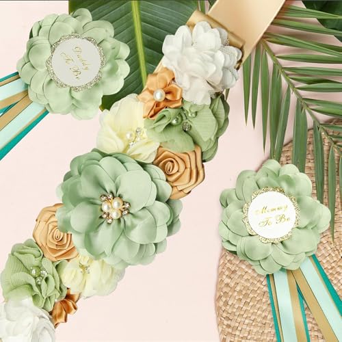 3Pcs Maternity Sash Mother To Be & Daddy To Be Set, Green Flower Sash Belly Belt Decoration for Mommy, Pregnancy Sash Expectant Parents Gender Reveal Party3
