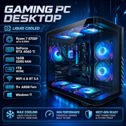 Image of Gaming PC Desktop Liquid Cooled - Ryzen 7 8700F up to 5.0GHz, GeForce RTX 4060 Ti, 16GB DDR5 RAM, 1TB NVME, WiFi 6 & BT 5.4, 9x ARGB Fans, Windows 11, Mechanical Keyboard & Mouse