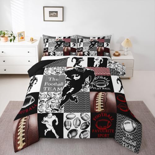 Image of Feelyou Football Comforter Set King Size Sports Geometric Black Patchwork Bedding Set for Kids Boys Girls Rugby Gaming Sports Duvet Quilt Bedroom Decor Microfiber 3 Pcs with 2 Pillow Cases
