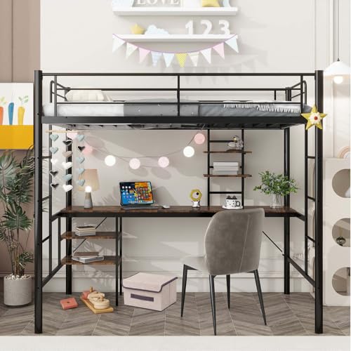 RELASIA Loft Bed Twin Size with Desk, Metal Loft Bed with Stairs and Guardrail, 4 Storage Shelves, Noise-Free, Space-Saving, No Box Spring Needed for Juniors Adults Black