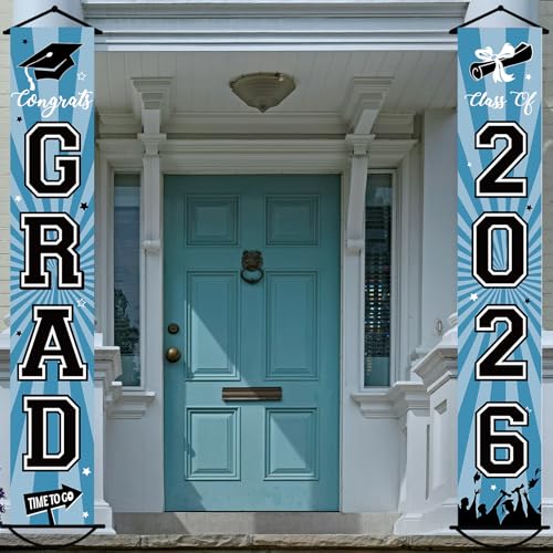 Image of Graduation Banner 2026 Graduation Decorations Light Blue Grad Banner Porch Sign Class of 2026 Door Decor Congrats Hanging Backdrop Light Blue Grad Party Decor for School Congratulations Supplies