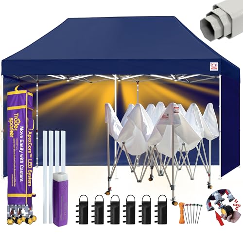 Image of Tradesparker 10x20 Pop Up Tent with Sidewalls,Commercial Movable Canopy ApexCore LED & Rugged Casters-Instant Easy Setup Shelter Canopies,Weight Bags&Stakes for Outdoor Events(Navy Blue)