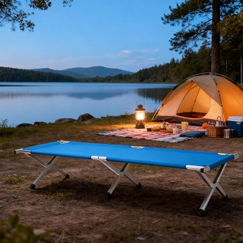 Image of Portable Folding Camping Cot,Lightweight Camping Cots for Adults,Folding Tent Camp Cot Bed,Indoor Outdoor Travel Sleeping Cots,with Carrying Bag,for Patio Hiking Picnic Beach Fishing (Army Blue)