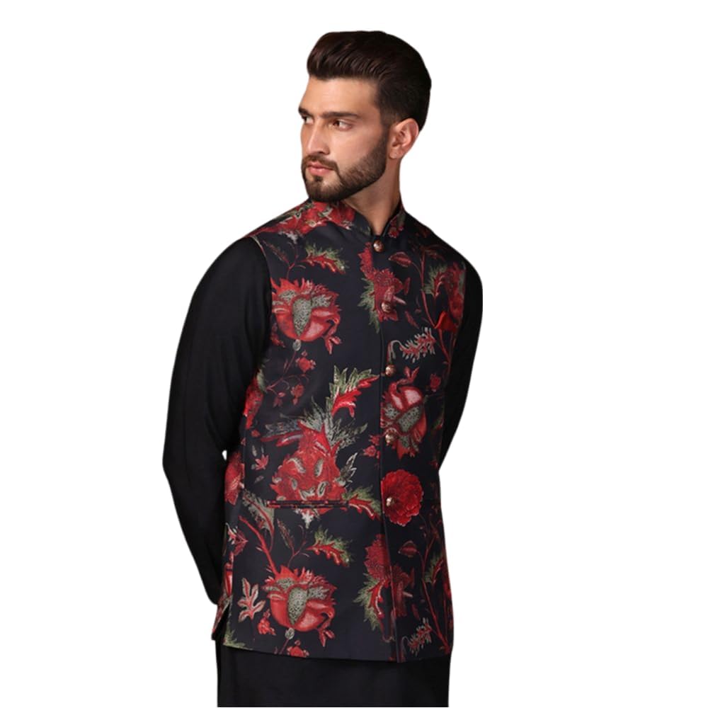 kisah Men's Nehru Jacket, Black Cotton Blend, Embellished Regular Fit Mandarin Collar Sleeveless-picture-28
