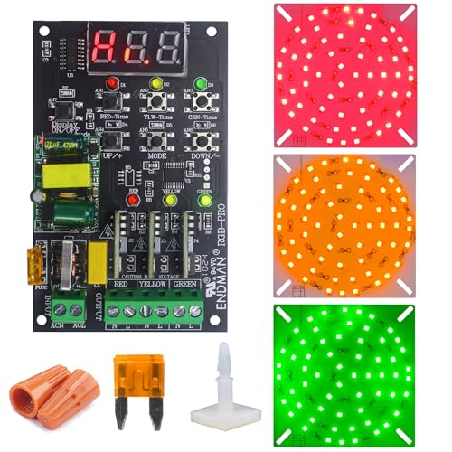 ENDMAN Traffic Light Controller Sequencer with Led Light 3 Color with 39+ Sequences, 3 Channel 80VAC-260VAC, LED Display, (LED Board High Luminance + Controller)