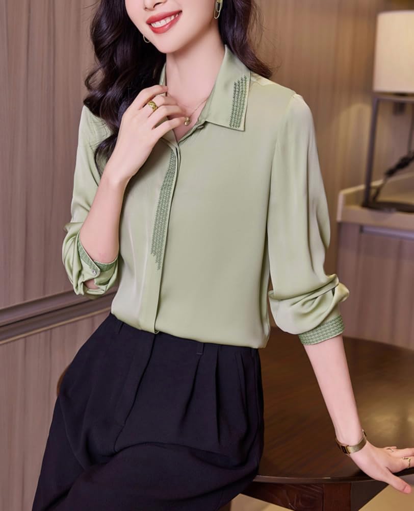 DISSA Chemise Soie Détails Dentelle Patte Cachée Manches Longues