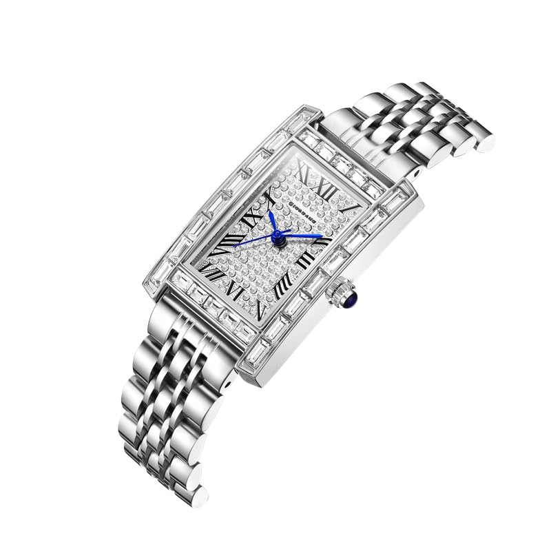 Image of Giordano Analog Quartz Watch for Women with Rectangular Dial, Crystal Studded Bezel, Roman Indices and Sparkling Dial, Leather & Stainless Steel Strap - GZ-60119