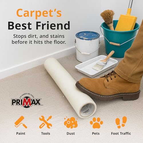 Image of PRIMAX Carpet Protector Film 24 inch x 200' - Self-Adhesive Carpet Protection Film - Clear Plastic Floor Cover - Sticky, Tear-Resistant, Easy Removal - for Moving, Painting, Construction