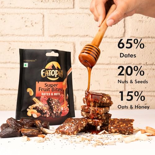 Image of Eatopia Date & Nuts Super Fruit Bites | Sugar Free Healthy Energy Bars | Date Bites | No Preservatives & Refined Sugar | Dry Fruits Protein Bars | Healthy Food | Oats & Honey, Nuts & Seeds | Pack of 12 (20g Each)