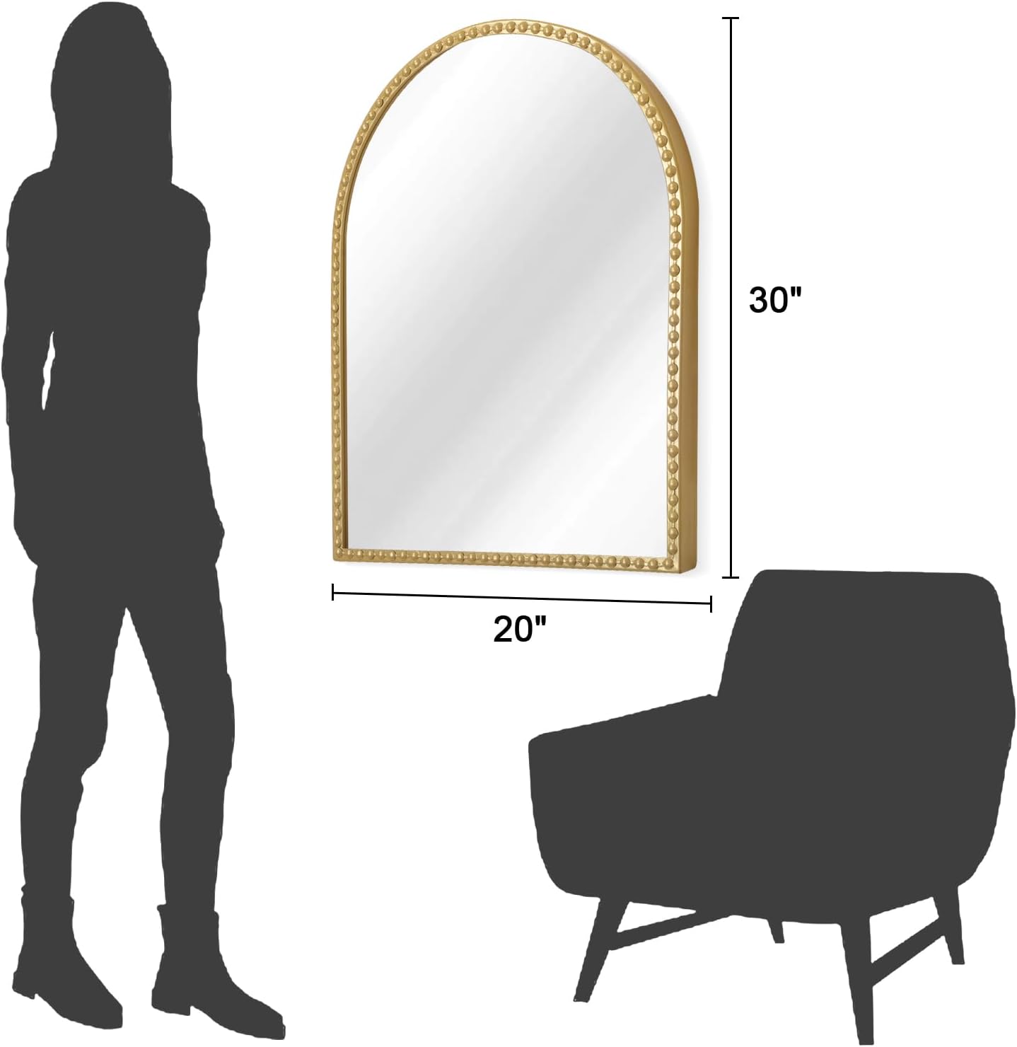Gold Arched Mirrors for Wall, Beaded Framed Metal Accent Wall Mirror Decorative Bathroom Living Room Bedroom Entryway 30"x20"