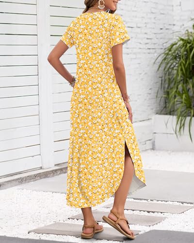 Image of MISFAY Women's Summer Maxi Dress 2026 Casual Short Sleeves V Neck Loose Sundress Split Long Beach T Shirt Dress