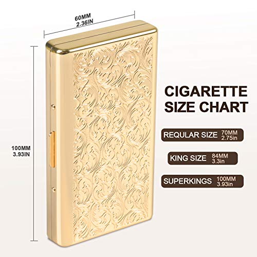 Retro Metal Cigarette Case Box -Double Sided Spring Clip Open Pocket Holder for 14 100s Cigarettes, Credit Card Holder Protective Security Wallet for Men and Women (Golden)