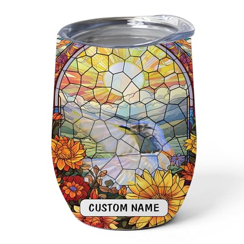 Personalized Name Western Bluebird Tumbler 12oz Stainless Steel Vacuum Insulated Cup With Lid - Stained Glass Art Style Custom Gifts for Bluebird Lovers