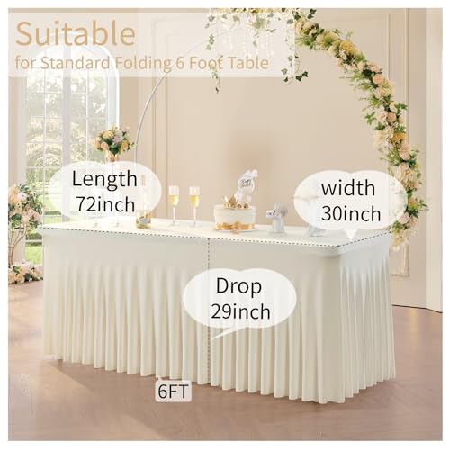 Image of Outpain 6ft Spandex Table Cloth for Standard Folding Tables-2Pack Ivory Table Cloth Table Protector for Party, Wedding, Cocktail, Banquet, Festival