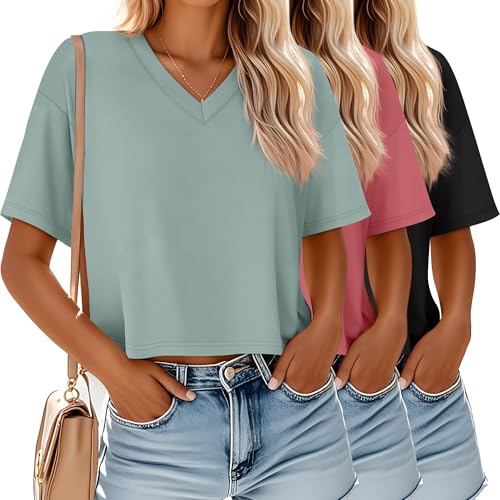 Ficerd 3 Pack Cotton Women's V Neck Crop Tops Half Sleeve Drop Shoulder Basics Cropped Top Boxy Tees for Girls