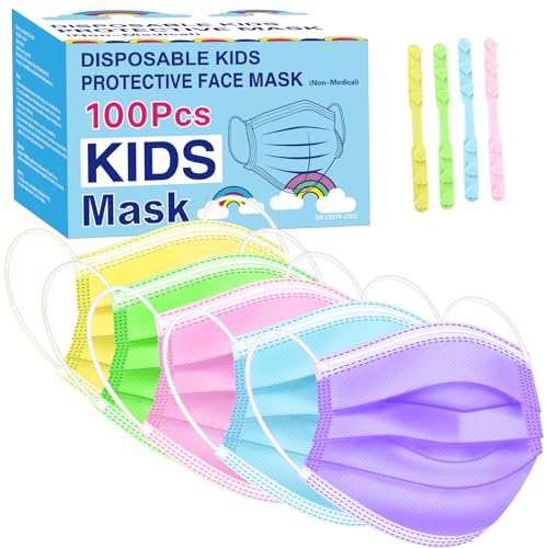 Rasav 100-Count Kids Masks - Comfortable 3-Ply Kids Face Mask for Girls & Boys Assorted 5-Color Pack Breathable Kids Masks Disposable with 4 Free Ear Protection Strap Extenders