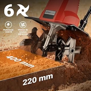 Wiltec Motobineuse électrique 1500 W – Vitesse à Vide 400 TR/Min – Profondeur de Travail 220 mm – Motoculteur pour Binage Sarclage Ensemencement – Fraiseuse de Jardin Jardinage