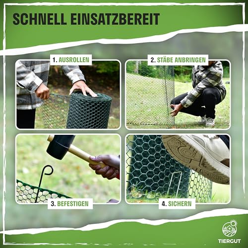 TIERGUT® Hühnerzaun [30m lang, 100cm hoch] - Mobiler Steckzaun für Hühner, Hunde, Kaninchen & Co. - Komplettset mit engmaschigem Zaun und doppelter Befestigung
