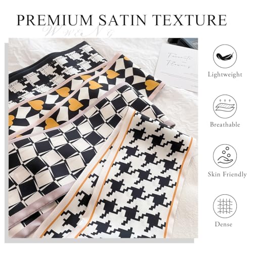 4 Pcs Skinny Silk Scarf Women Narrow Long Neckerchief Classic Retro Plaid Polka Dot Print Satin Hair Scarf Headdress3