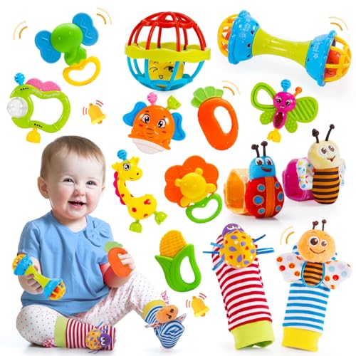 Tsokize Baby Spielzeug 0 3 6 9 Monate, 14 Pcs Rasseln Beißring Set Baby Spielzeug ab 0 3 6 9 Monate Baby Geschenk Junge Mädchen Montessori Spielzeug ab 0-12 Monate Neugeborenen Geschenk Geburt Baby
