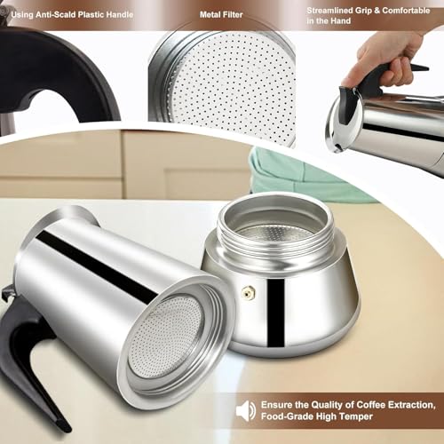 Image of Humongous 6 Cup Stovetop Maker Stainless Steel Moka Pot Maker Percolator Italian Coffee Maker Capable Mocha Coffee Machine Cafe Classic Maker for Home and Camping 300ml 10oz