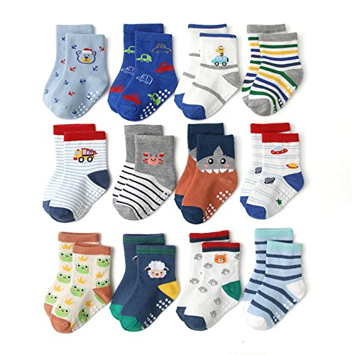 HaimoBurg 12 Paia di Calze Antiscivolo in Cotone Traspirante per Bambini da 1 a 5 Anni,Calzini Bambino Bambina Neonato