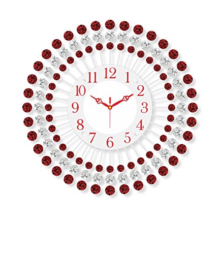 Image of CHRONIKLE Stylish Floral Design Crystal Round Analog Diamond Studded Metal Wall Clock for Living Room Home Decorations Office Gifts (Size: 37 x 5 x 37 CM | Color: Red | Weight: 830 Gram)