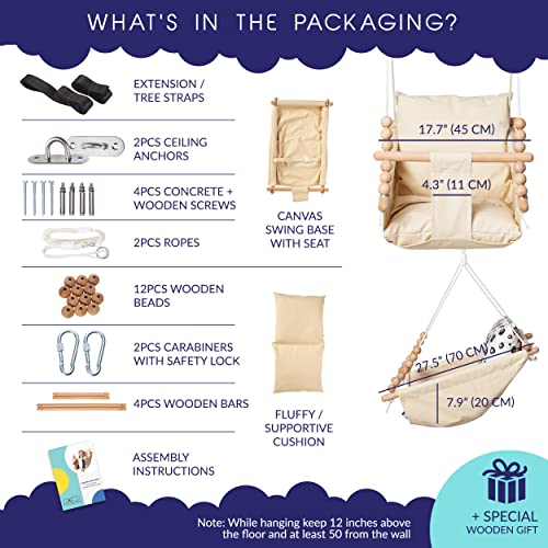 Outdoor And Indoor Baby Hammock Swing Seat By Frobel - Canvas Boho Hanging Baby Swing For Baby To Toddler 1 Year To 4 Years Old, Hanging Kit And Anchor Included, Safe And Secure, Beige #TOP4