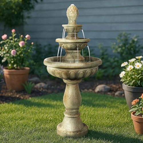 Image of Naturefalls 42.5 inch Outdoor Water Fountain, 3-Tiers Fiber Reinforced Concrete Garden Water Feature, Electric Fountain with Low Voltage Pump Decorative Waterfall for Patio Backyard Lawn Yard Decor
