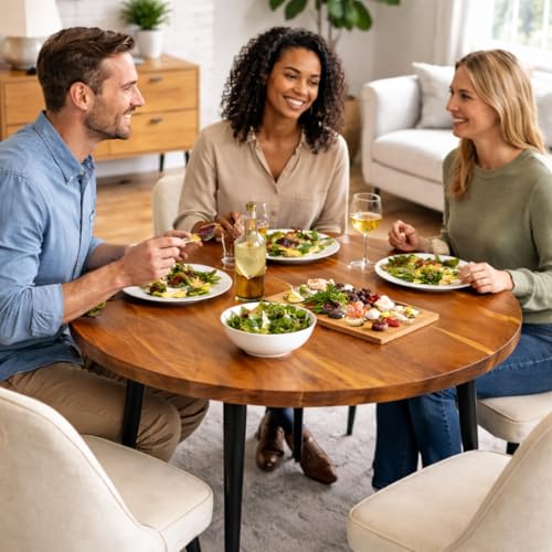 Image of Solid Mango Wooden Round 4 Seater Dining Table for Living Room, Dining Room, Hotel & Home, Brown Finish, Only Dinning Table (90 x 90 x 76 Centimeters) (Only Dining Table)