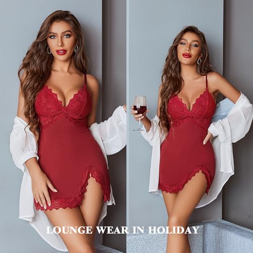 Image of Avidlove Women's Lingerie Lace Nightgown Babydoll Modal Chemise Spaghetti Strap Sleepwear Sexy Slip Side Nightwear