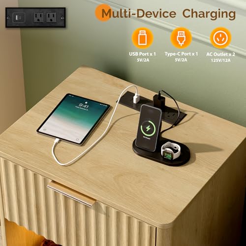 Image of VINGLI Nightstand with Charging Station, LED Nightstand Fluted with Rounded Edge, 19 inch W Mid Century Modern Night Stand for Bedroom, Fluted Bed Side Table, Oak, 18.9 inch W*15 inch D*22.4 inch H