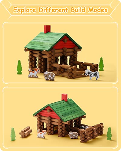 Image of SainSmart Jr. 110 PCS Wooden Log Cabin Set Building House Toy for Toddlers, Classic STEM Construction Kit with Colorful Wood Logs Blocks for 3+ Years Old
