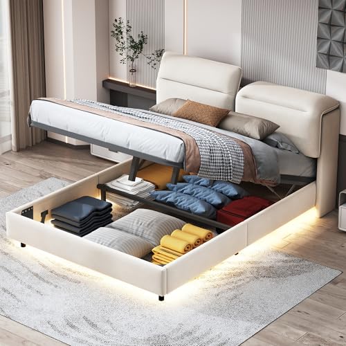 KatFash Cama Tapizada de 160x200cm con Cabecero Plegable, Estructura de Cama Doble con Soporte de Láminas de Madera y Almacenamiento Hidráulica,Somier Metálico,LED,Beige