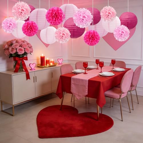 Image of 18 PCS Pink Paper Lanterns & Tissue Paper Pom Poms for Girls Birthday, Baby Shower, Wedding, Bridal Shower, Hanging Paper Decor, Party Decoration Set for Indoor Outdoor Events Theme Party Supplies
