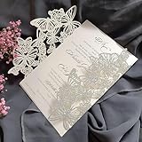 Cylallen 50Sets Romantic Premium Purple Butterfly Laser Cut Fold Wedding Invitation Card With Blank Inner Paper Ribbon And Envelope Sweet 15 Invites (Silver, Only Laser Card)
