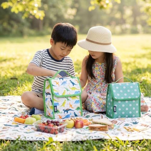 Image of Wildkin Insulated Lunch Bag for Kids, Dinosaur Adventures | 10 x 8.5 x 5 in insulated fold-flat lunch bag with touch closure, sturdy carry handle and wipe-clean lining.