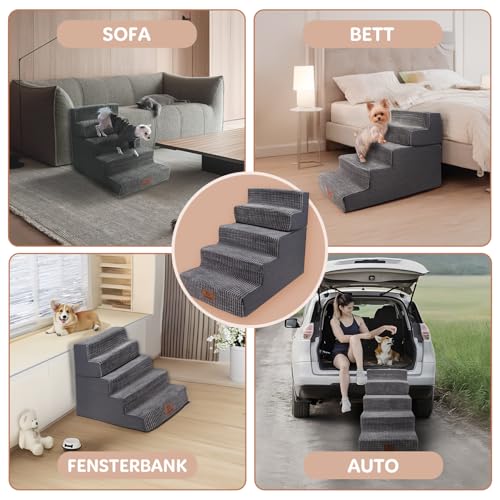 Sytopia Hundetreppe Große Hunde 5 Stufen Hoch, Hundetreppe für Bett 60cm, Haustiertreppe waschbar, hochdichter Schaumstoff, für verletzte ältere Hunde (57cm Höhe, Grau)