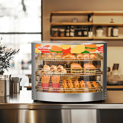 Image of ROVSUN Food Warmer Pizza Warmer Countertop, 3-Tier Commerical Food Warmer Display with LED Lighting Removable Shelves Glass Door, Pretzel Warmer for Buffet Restaurant Cafe, 110V 800W