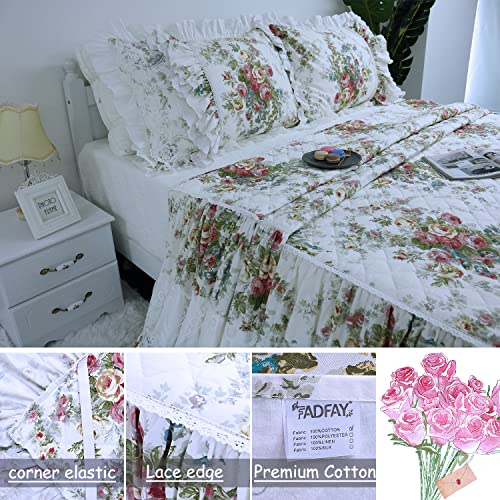 Fadfay Ruffled Bedspread California King Quilted Bed Skirt Floral Shabby Vintage Rose Chic Lace Bedding Girls Luxury Lightweight Coverlets Deep Drop Fitted Sheet Super Soft Cotton Split Corner 3 Pcs #TOP6