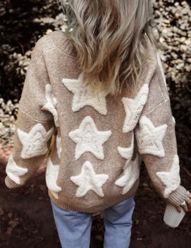 Women's Star Print Button Down V Neck Drop Shoulder Open Front Knit Cardigan Sweater2