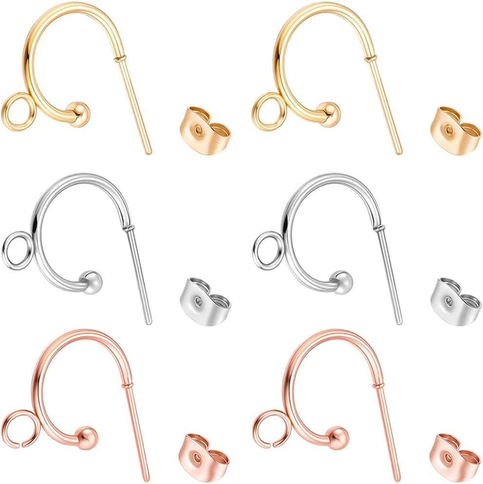 Beebeecraft 1 Box 24Pcs Half Hoop Earring Findings 24K Gold & Rose Gold Plated 304 Stainless Steel 3 Color Huggie Dangle Earrings with Loop and Ear Nuts for Women DIY Jewelry Dangle Earring Making