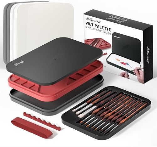 Wet Pallet for Painting Miniatures - Golden Maple 2 in 1 Dry and Wet Palette with Lid, Including 11 Miniature Paint Brushes,100PCS Palette Paper, 4PCS Sponges, Paint Brushes Holders