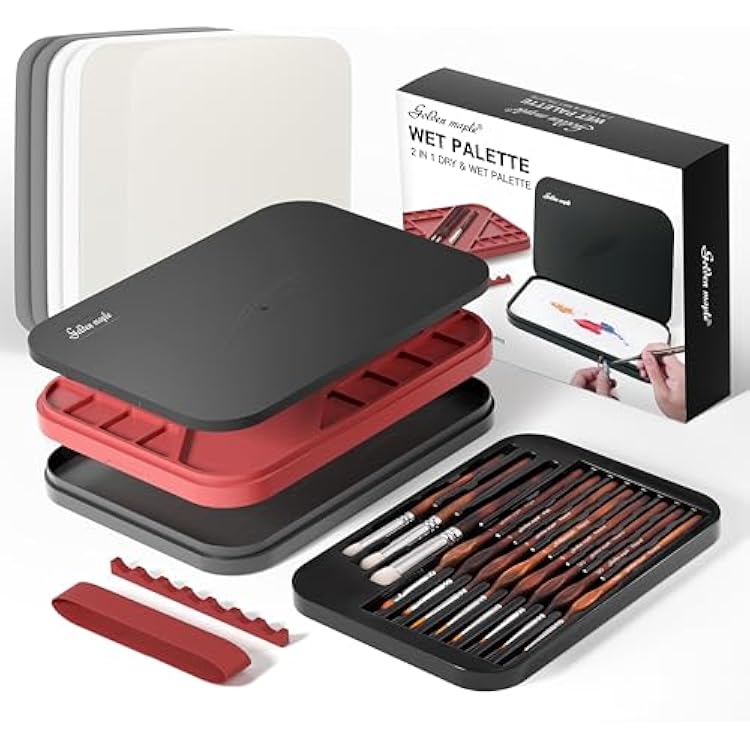 Wet Pallet For Painting Miniatures - Golden Maple 2 In 1 Dry And Wet Palette With Lid, Including 11 Miniature Paint Brushes,100PCS Palette Paper, 4PCS Sponges, Paint Brushes Holders