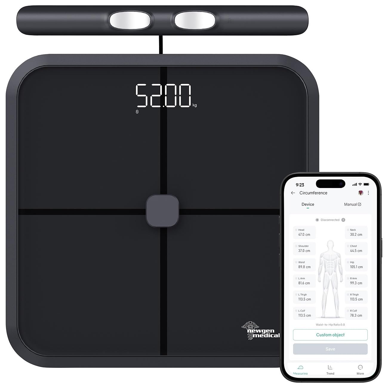 Bilancia pesapersone digitale Bluetooth con sensori manuali, 8 elettrodi, nera