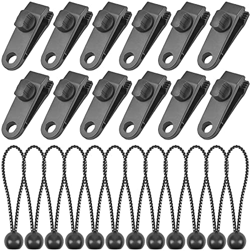 12 Stück Planenklammern Multifunktion Zeltplane Clips Markisenklemme mit 12 Stück Bungee-Seil für Zelte,Abdeckungen,Markisen,Banner, Bootfahren, Gartenarbeit, Vordächer
