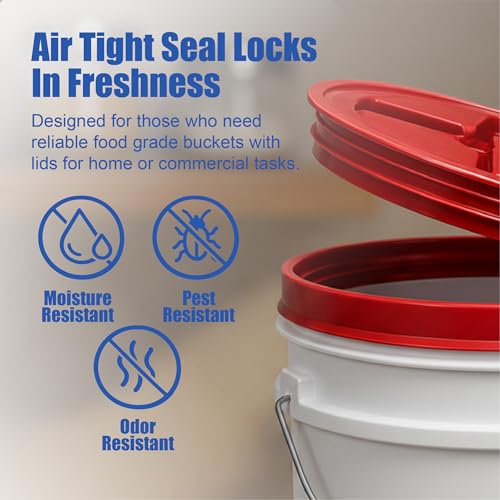 Image of ePackageSupply 5 Gallon Bucket - Food Grade w /Lid BPA-Free, White /Red, 3 | Airtight Gamma Seal Screw-On Lid, Heavy-Duty 90 Mil HDPE Plastic, Food Safe and Durable Container, Bulk Storage, Made in USA