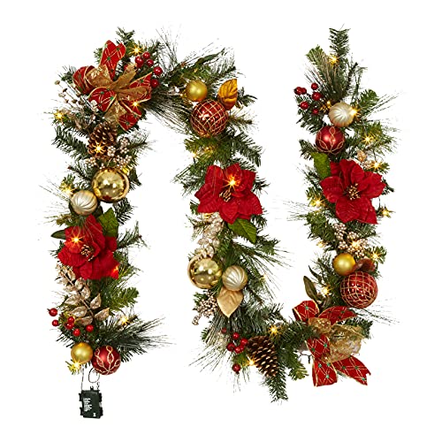 GarveeHome Prelit Christmas Garland for Mantle, 9 Ft Battery Operated Xmas Garland with Lights Red Gold Ball Ornaments Poinsettia Flower for Fireplace Front Door Stairs Railing Indoor Outdoor Decor