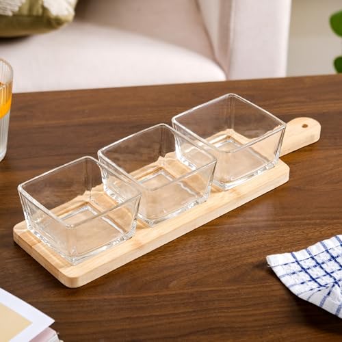 Image of Nestasia Square Glass Bowls Set of 3 (250 ml Each) with Wooden Tray | Transparent Katori for Dessert & Ice Cream, Snacks & Dry Fruits Serving Set for Dining Table, Home & Kitchen - Perfect for Gifting